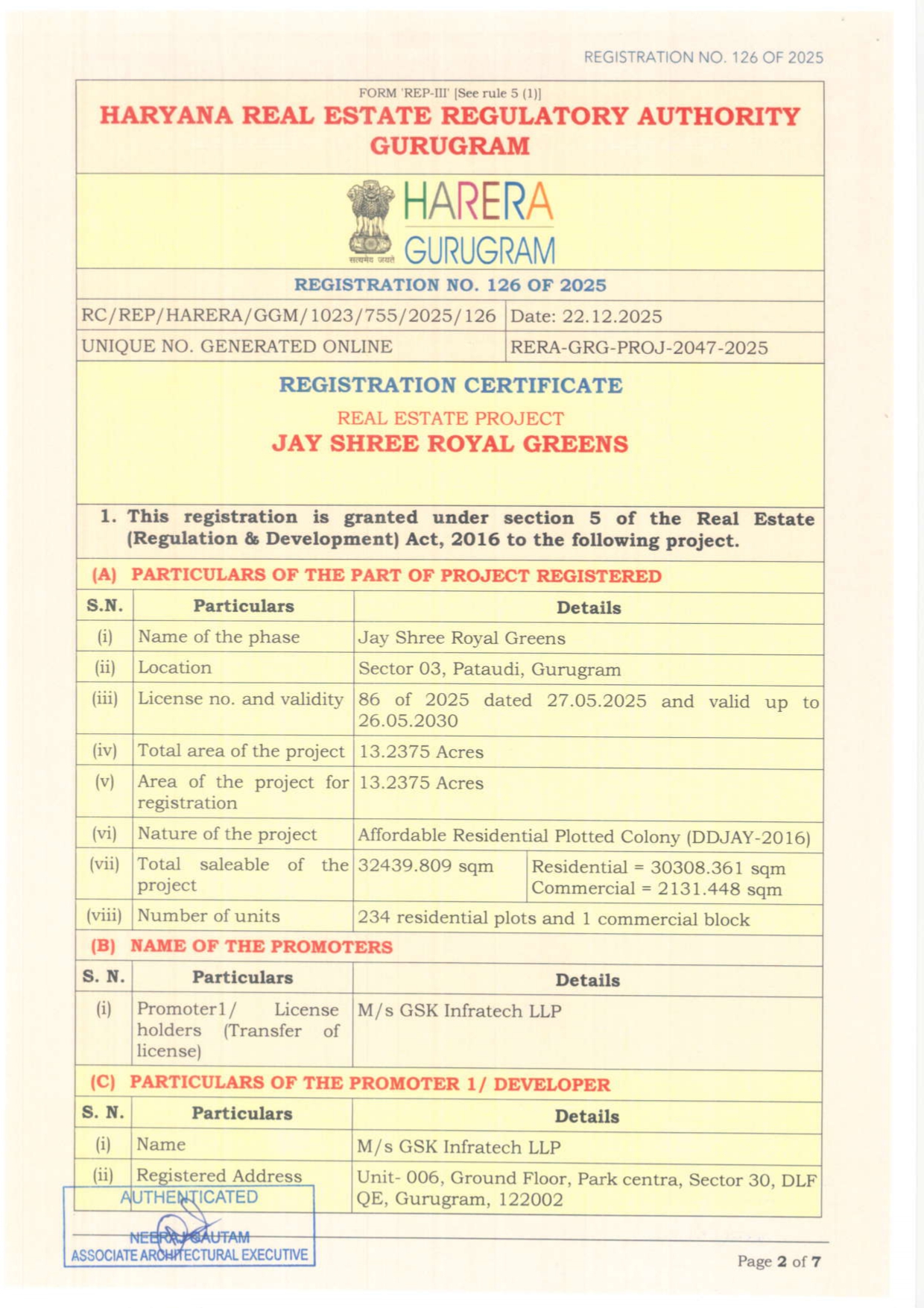 RERA Certificate for Deen Dayal Affordable Plots